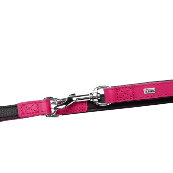 Schwarze und rosa Hundeleine mit einem silbernen Clip und einem kleinen 'HUNTER'-Logo am Griff.