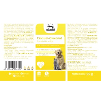 Fortan Calcium-Gluconat Haustierergänzungsetikett mit einem Golden Retriever und einer Katze, zeigt Calciumgehalt (8,9%), Fütterungs- und Lagerinformationen.