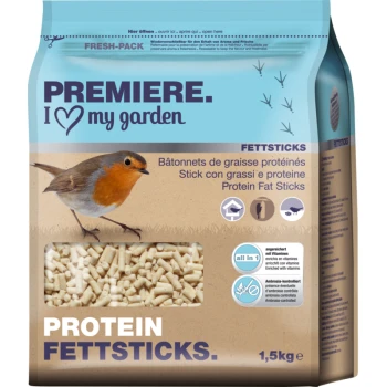 A bag of Premiere Protein Fat Sticks for birds, featuring a robin on the front, with text in multiple languages and nutritional claims.