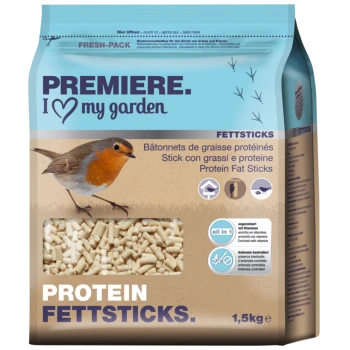 Eine Tüte Premiere Protein Fat Sticks für Vögel, mit einem Rotkehlchen auf der Vorderseite, mit Text in mehreren Sprachen und Nährwertangaben.