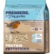 Een zak Premiere Protein Vet Sticks voor vogels, met een roodborstje op de voorkant, met tekst in meerdere talen en voedingsclaims.