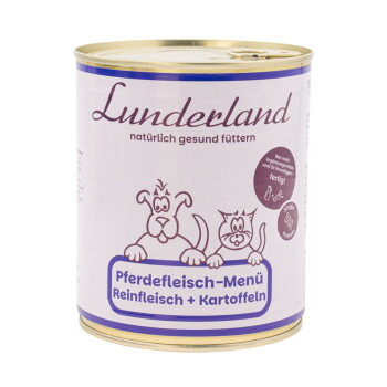 Dose von "boos" Pferdefleisch Menü, ein ergänzendes Hundefutter, mit einem weißen Etikett mit lila Akzenten und goldener Kappe.