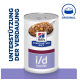 Hill's Prescription Diet i/d fettfreies Dosenfutter für Haustiere, mit einem Löffel des Futters, mit dem Text "Unterstützung der Verdauung" und "Original."