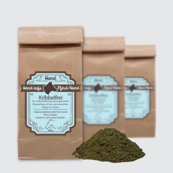 Braune Papiertüte mit der Aufschrift "Kribbelfrei" für Hunde, mit blauem Text über Würmer und Allergien sowie grünem Pulver davor.