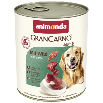 Dose Animonda GranCarno Adult 1+ Hundefutter mit Wildfleisch, zeigt einen Golden Retriever und Text über frische Zutaten sowie ohne Getreide oder Zucker.