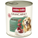 Dose Animonda GranCarno Adult 1+ Hundefutter mit Wildfleisch, zeigt einen Golden Retriever und Text über frische Zutaten sowie ohne Getreide oder Zucker.