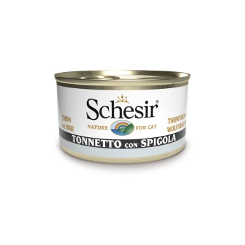 Schesir Katzenfutterdose mit "Tonnetto con Spigola" (Thunfisch mit Barsch), mit einem weißen und goldenen Design.