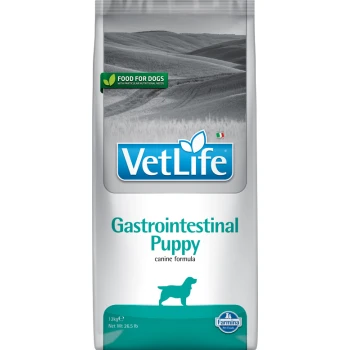 VetLife Gastrointestinal Welpenfutter-Tüte, 12 kg, mit einem grünen Etikett, das besagt: "Futter für Hunde mit besonderen Ernährungsbedürfnissen."