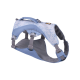 Helles blaues Hundegeschirr mit einem Mesh-Design, das verstellbare Riemen und einen stabilen Griff oben hat.