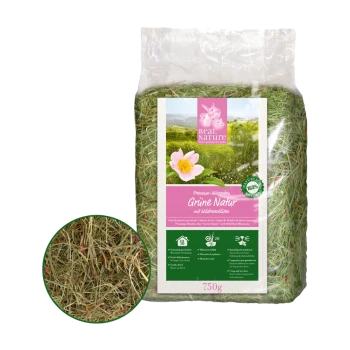 A 750g bag of "Real Nature Grüne Natur" premium meadow hay for pets, featuring a pink label with a flower and scenic background.