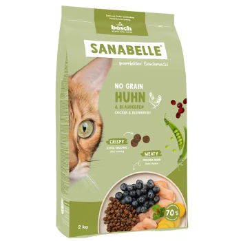 Eine Katzenfuttertüte mit einem Nahaufnahme des Gesichts einer Katze, beschriftet mit "SANABELLE No Grain Huhn & Blaubeeren" mit Huhn und Blaubeeren, 2 kg.