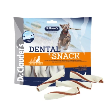 Dr. Clauder's Dental Snack für große Rassen, mit einem Hund mit einem Stock und Highlights zur Zahnpflege und hochwertigen Entenfilet-Leckerlis.