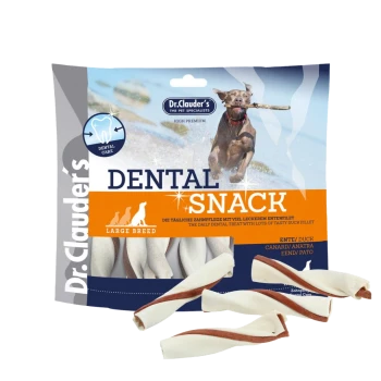 Dr. Clauder's Dental Snack für große Rassen, mit einem Hund mit einem Stock und Highlights zur Zahnpflege und hochwertigen Entenfilet-Leckerlis.