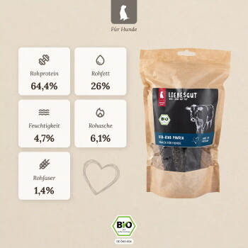 Brauner LIEBESGUT-Beutel mit BIO‑RIND PANSEN Hundesnacks, Aufschrift ‚Snack für Hunde‘, BIO‑Logo; Rohprotein 64,4 %, Rohfett 26 %