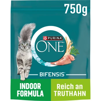 Purina ONE Bifensis Indoor Formula Katzenfutterbeutel, 750g, mit einer grauen getigerten Katze und Bildern von Hähnchen und Gemüse.