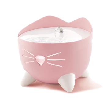 Ein rosa katzenförmiger Haustier-Wasserbrunnen mit einem fließenden Wasserauslauf und weißen Pfoten, entworfen für spielerische Hydration.