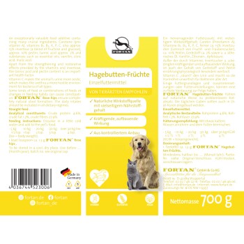 Hundefutterergänzung mit Hagebutten, empfohlen von Tierärzten. Enthält Vitamine A, B, C und essentielle Nährstoffe. 700g.