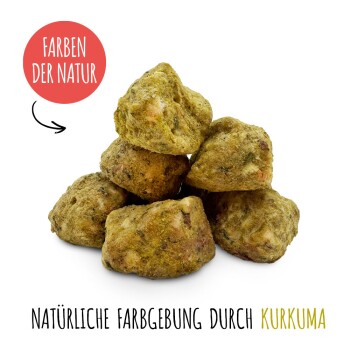 Haufen Hundeleckerli in Kurkuma-Farbe; roter Kreis mit der Aufschrift 'FARBEN DER NATUR'; Bildunterschrift 'NATÜRLICHE FARBGEBUNG DURCH KURKUMA'.
