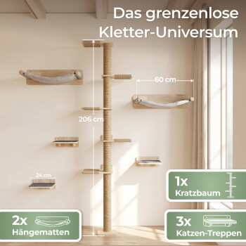 206 cm hoher Sisal-Kratzbaum mit Wandregalen und Hängematten. 'Das grenzenlose Kletter-Universum'; 2x Hängematten; 1x Kratzbaum; 3x Katzen-Treppen