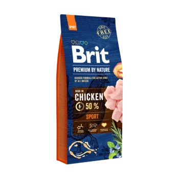 Hundefutterbeutel mit der Aufschrift 'Brit Premium by Nature' in Blau und Orange, der 'Reich an Huhn 50%' für aktive Hunde hervorhebt.