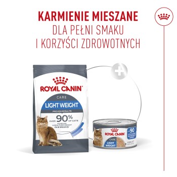 Opakowanie i puszka karmy ROYAL CANIN Light Weight ze zdjęciem kota; tekst nagłówka 'KARMIENIE MIESZANE'