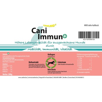 Cani Immun+ Hundefutterverpackung auf Deutsch, die Vorteile für erwachsene Hunde, Zutaten wie Kollagen, Kolostrum und Fütterungstipps hervorhebt.