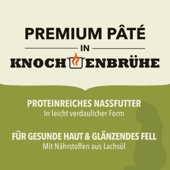 Premium-Pâté in Knochenbrühe, proteinreiches Nassfutter für gesunde Haut und glänzendes Fell, mit Nährstoffen aus Lachsöl.