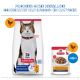 Hill's Science Plan kattenvoer: grote zak met kattenfoto en klein zakje kipstukjes in saus, gelabeld 'Mature Adult 7+'.