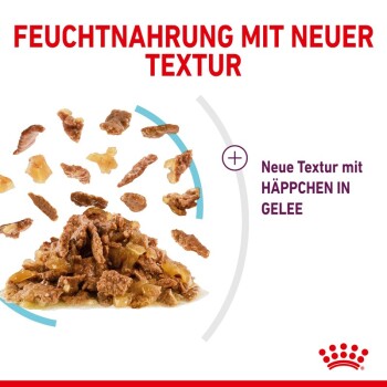 Feuchtfutter mit neuer Textur, zeigt Stücke in Gelee und eine Mischung aus Fleisch und Gemüse, mit dem Text "Neue Textur mit Häppchen in Gelee".
