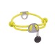 Ein leuchtend gelbes Hundehalsband aus geflochtenem Seil, mit einem Metallverschluss mit einem Hundelogo und einem Anhänger, der "RUFFWEAR" liest.