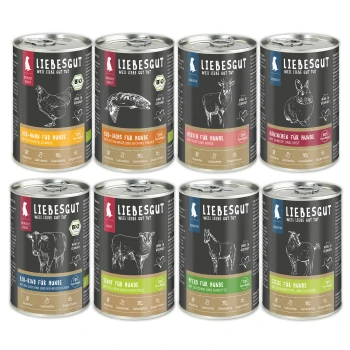 Acht LIEBESGUT Hundefutterdosen mit den Sorten: Bio-Huhn, Bio-Lachs, Hirsch, Kaninchen, Rind, Schaf, Pferd, Ziege.