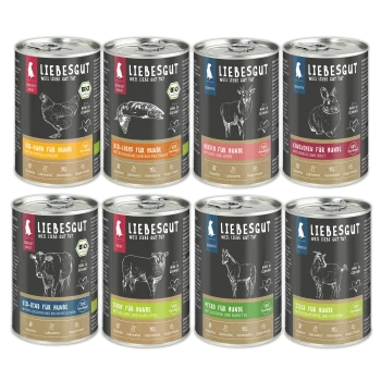 Acht LIEBESGUT Hundefutterdosen mit den Sorten: Bio-Huhn, Bio-Lachs, Hirsch, Kaninchen, Rind, Schaf, Pferd, Ziege.