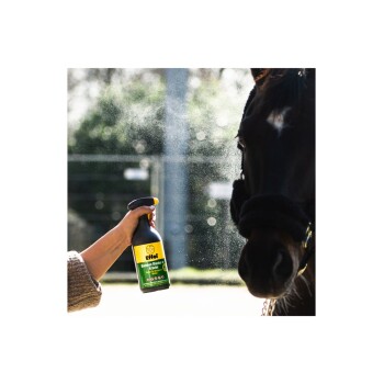 Eine Person sprüht ein Pferd mit einer Flasche Effol Insektenschutzmittel ein, die ein gelbes und grünes Etikett hat, in einer sonnigen Außenumgebung.