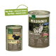 Zwei Dosen Haustierfutter mit der Aufschrift "Wilderness Black Earth" für Hunde, mit einem Wolfbild, mit Text, der ein neues Design und eine verbesserte Formel hervorhebt.