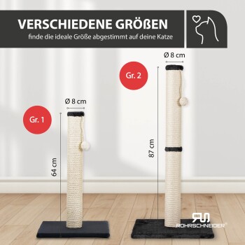 Bild von zwei Katzenkratzbäumen mit den Bezeichnungen "Gr. 1" (64 cm) und "Gr. 2" (87 cm), beide mit einem Durchmesser von 8 cm, auf einem Holzboden.