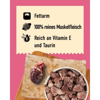 DIBO Rinderherz Haustierfutterverpackung, die 18 Beutel mit je 500 g enthält, als ausgewogene und fettarme Suppe für Hunde und Katzen gekennzeichnet.