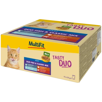 MultiFit Tasty Duo Katzenfutterkarton mit orangefarbener Katze und den Aufschriften 'Duo Fish & Classic Mix', 'Jelly' und 'Adult'.