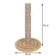 Griffoir vertical pour chat enveloppé de corde sur une base ronde avec piste-jouet et balles, pompon suspendu ; dimensions indiquées : 80 cm et 50 cm.