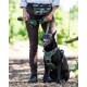 Eine Person in einem karierten Hemd und braunen Hosen steht in einem Waldgebiet und hält eine grüne Hundeleine, die an einem schwarzen Hund mit einem grünen Geschirr befestigt ist.