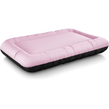 Rosa Haustierbett mit gepolstertem Rand und schwarzem Boden, entworfen für Komfort und Stil.