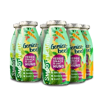 Sechs Glasflaschen von 'SmoothieDog Veggie Snack' ('für jeden Hund') mit buntem Gemüseetikett und der Aufschrift '100% natürlich, Gemüse & Kräuter'.