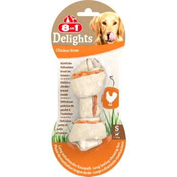 8in1 Delights Hühnerknochen für Hunde, mit einer Füllung aus Hühnerbrust. Geeignet für Hunde mit einem Gewicht von 5-10 kg.