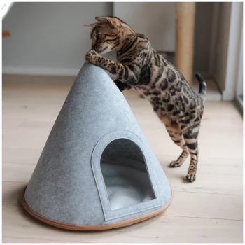 Eine verspielte Bengal-Katze interagiert mit einem grauen Filz-Haustierzelt, das einen vorderen Eingang hat, auf einem hellen Holzboden.