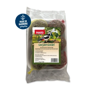 Ein Paket mit Vogelfutterbällen, beschriftet mit "Ganzjahresknödel" für Wildvögel, mit einer Illustration eines Spechts und Nährwertinformationen.