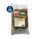 Ein Paket mit Vogelfutterbällen, beschriftet mit "Ganzjahresknödel" für Wildvögel, mit einer Illustration eines Spechts und Nährwertinformationen.