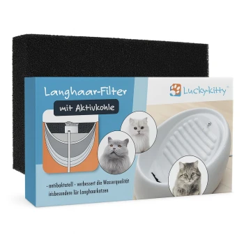 Schwarzer Schaumstoff-Aktivkohlefilter und Lucky-Kitty-Box mit der Aufschrift 'Langhaar-Filter mit Aktivkohle' sowie drei Katzenfotos.