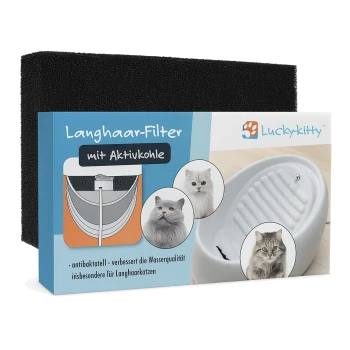 Schwarzer Schaumstoff-Aktivkohlefilter und Lucky-Kitty-Box mit der Aufschrift 'Langhaar-Filter mit Aktivkohle' sowie drei Katzenfotos.