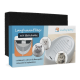 Schwarzer Schaumstoff-Aktivkohlefilter und Lucky-Kitty-Box mit der Aufschrift 'Langhaar-Filter mit Aktivkohle' sowie drei Katzenfotos.