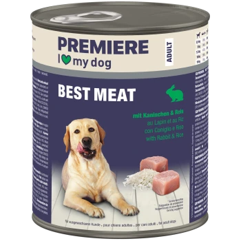 PREMIERE-Dose mit Erwachsenenfutter 'I ♥ my dog' und Aufschrift BEST MEAT — Kaninchen & Reis, mit Hundephoto und Darstellung von Fleisch und Reis.