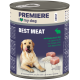 PREMIERE-Dose mit Erwachsenenfutter 'I ♥ my dog' und Aufschrift BEST MEAT — Kaninchen & Reis, mit Hundephoto und Darstellung von Fleisch und Reis.